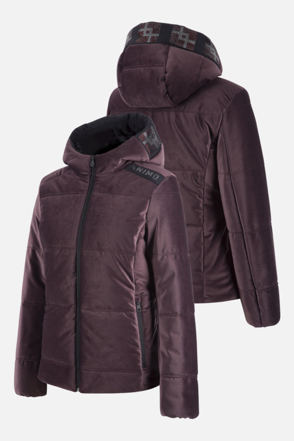 Amino Liviero veste : Doudoune extralégère femme 180 g avec capuche, velours matelass, rembourrage « zéro duvet », logo Animo en strass.
