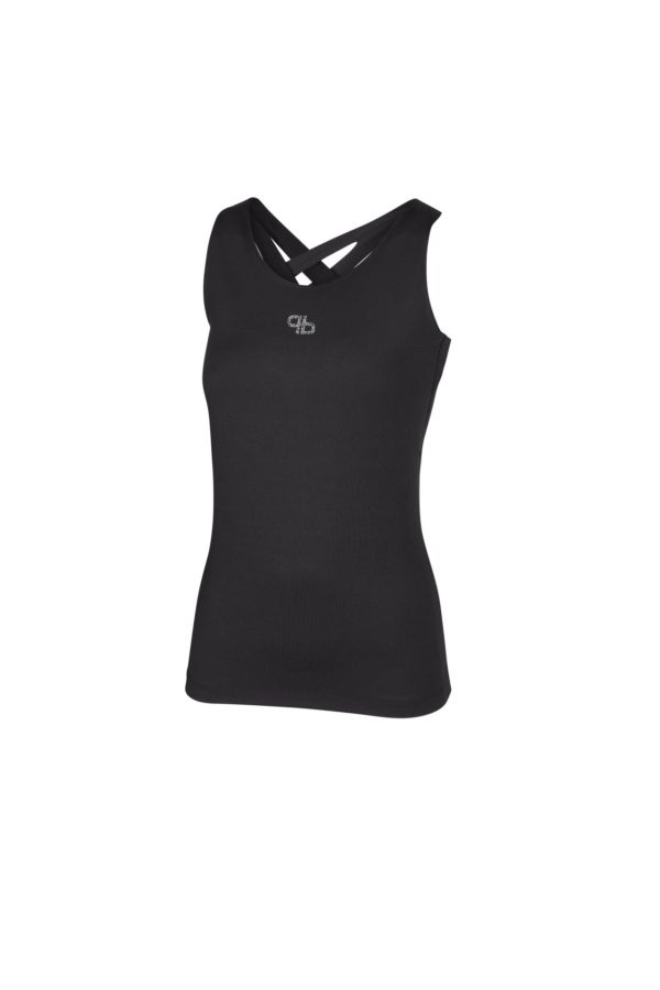 Le "Pikeur Selection Top" : haut respirant, double couche pour soutien, dos croisé, détails en mesh et strass. Style et confort pour les cavalières.